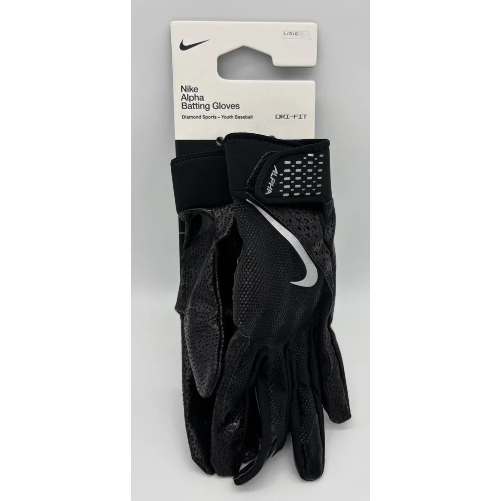 Nike Alpha Youth Baseball Batting Gloves Black Dri-FIT Diamond Sports L/G/G NEW